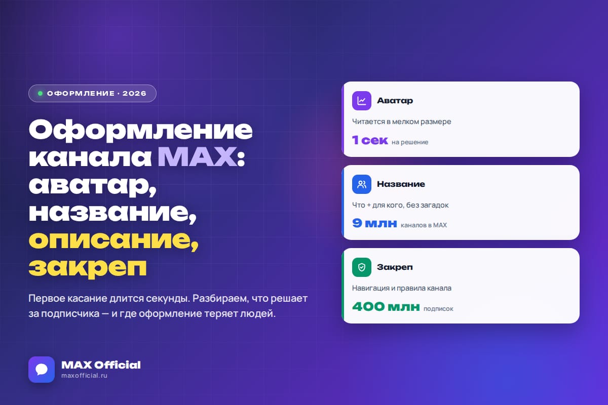 Оформление канала MAX: аватар, название, описание и закреплённый пост