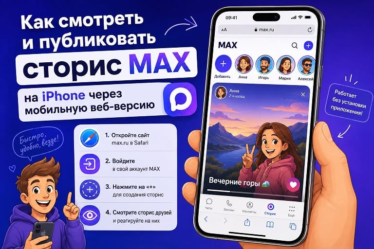 Как смотреть и публиковать сторис MAX на iPhone через мобильную веб-версию