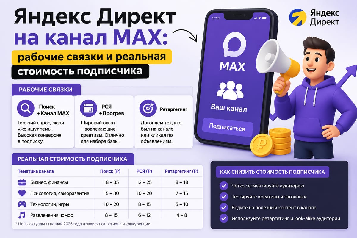 Яндекс Директ на канал MAX: рабочие связки и реальная стоимость подписчика
